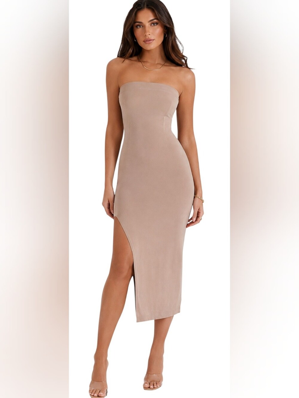 Black/Bead Nude Strapless Bodycon Midi Dress Side Slit. Size Small